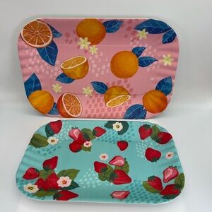 Melamine Trays Set of 2 Fruit Summer Platters Strawberries & Oranges Colorful
